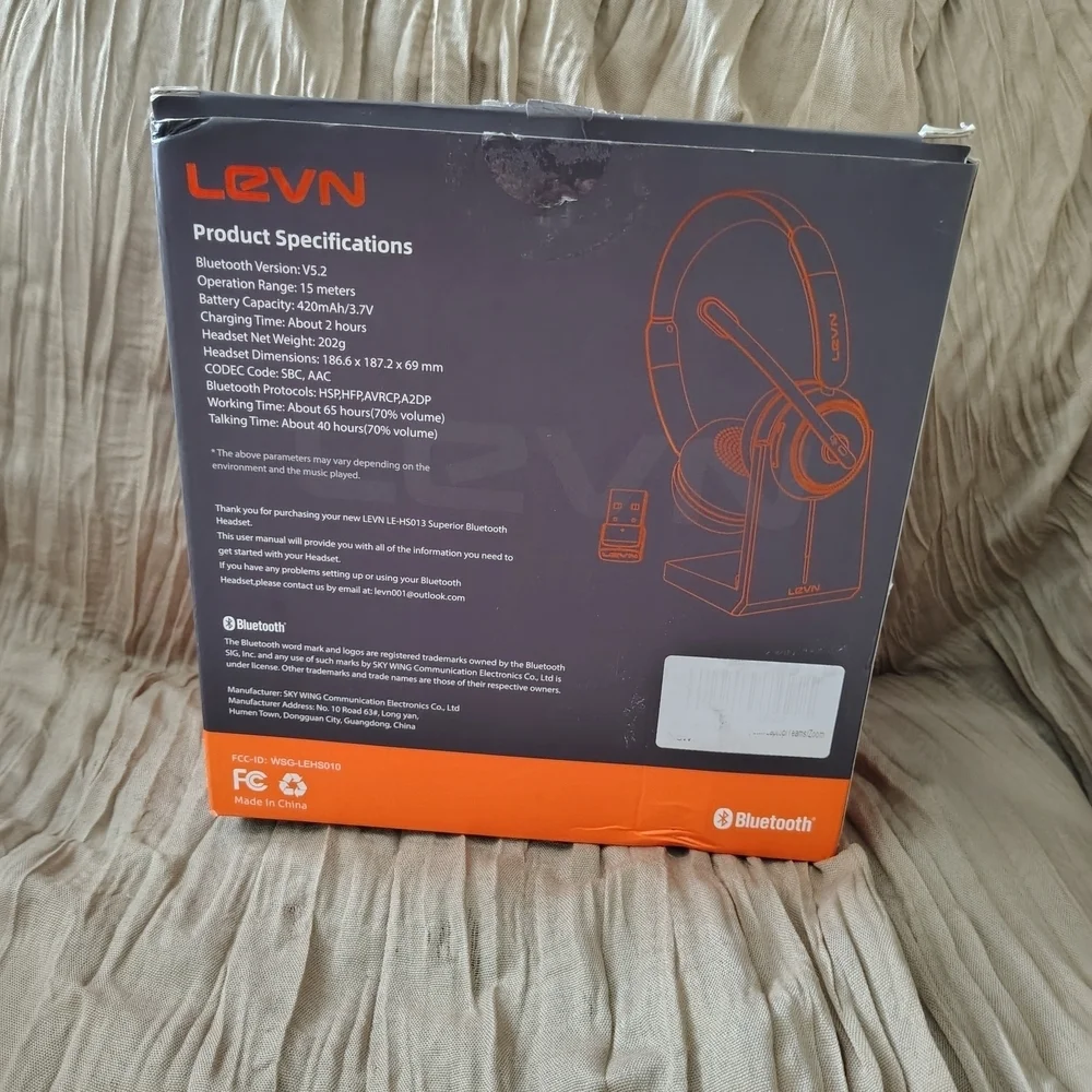 LEVN Bluetooth Headset LE-HS013 w Charging Stand USB Dongle Noise Canceling